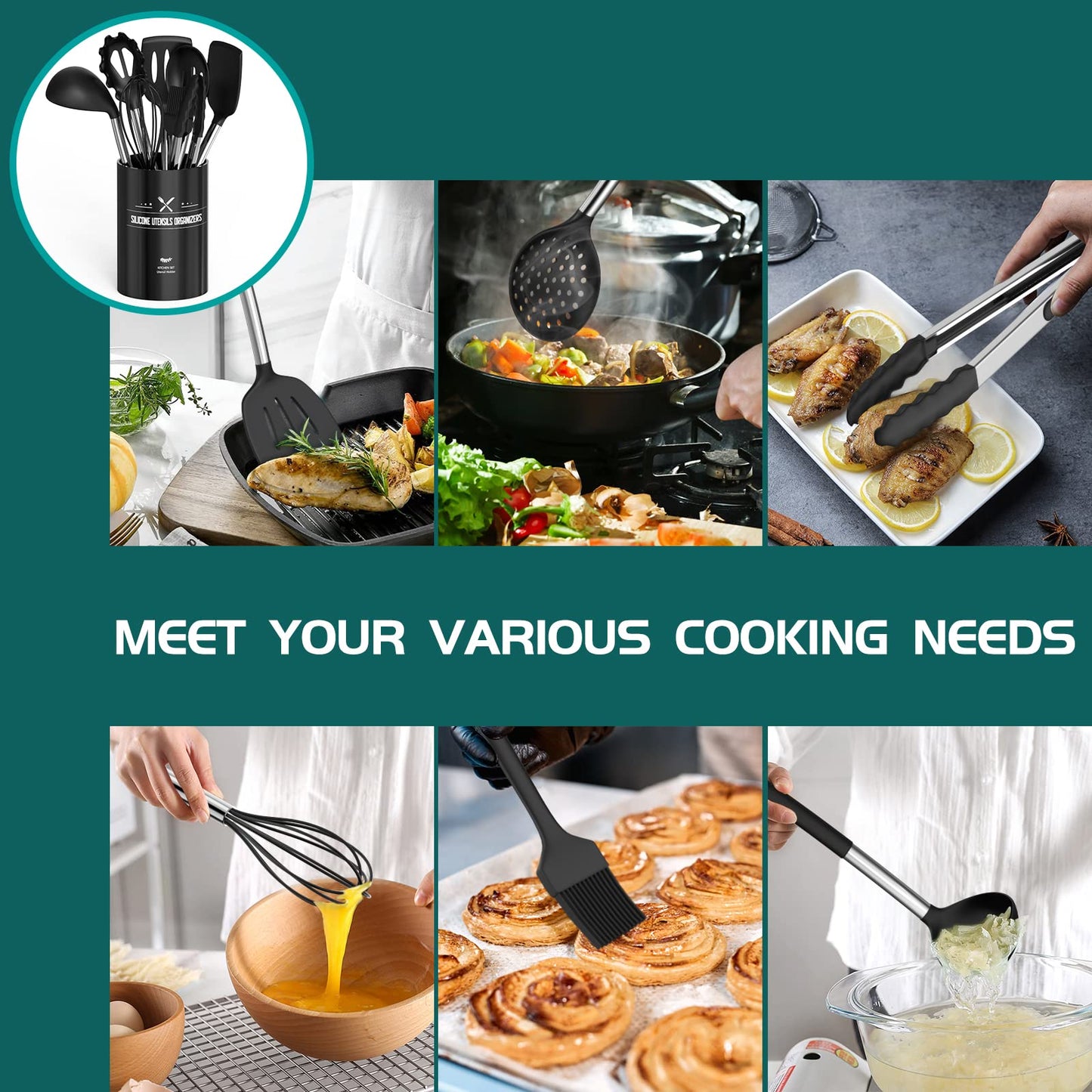 Umite Chef Kitchen Utensil Set, 15 pieces, silicone, heat resistant, non-stick, BPA-free, stainless steel handle, spatula, spoon, tongs, whisk, cookware