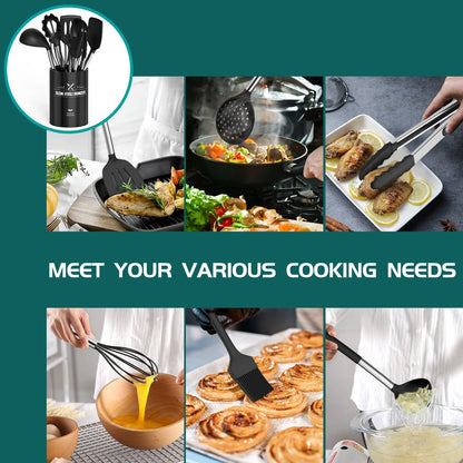 Umite Chef Kitchen Utensil Set, 15 pieces, silicone, heat resistant, non-stick, BPA-free, stainless steel handle, spatula, spoon, tongs, whisk, cookware