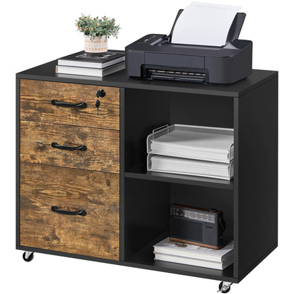 Yaheetech rolling file cabinet, office cabinet with 5 wheels, 3 drawers and 2 open compartments, industrial design, for documents, vintage brown-black.
