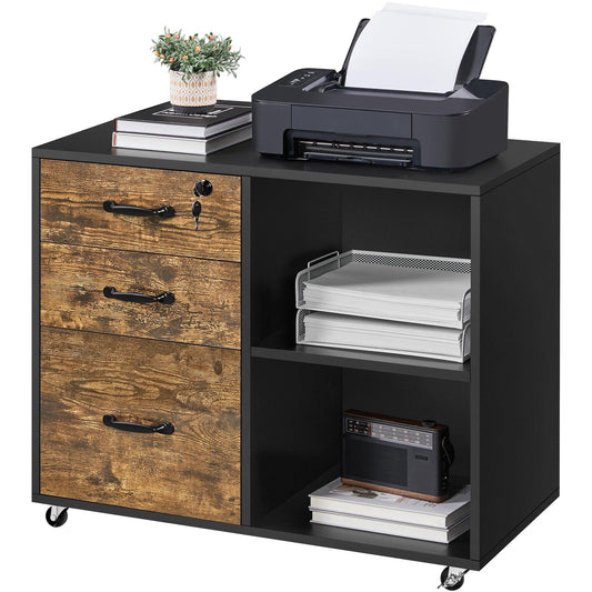 Yaheetech rolling file cabinet, office cabinet with 5 wheels, 3 drawers and 2 open compartments, industrial design, for documents, vintage brown-black.