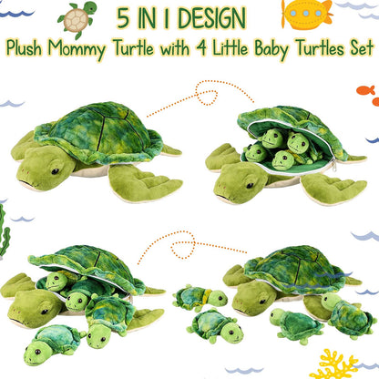 Aoriher Stuffed Animal Turtle 12-inch with 4 Pieces Small Plush Soft Sea Animal Mini Toys Decorative Pillows for Birthday Decoration