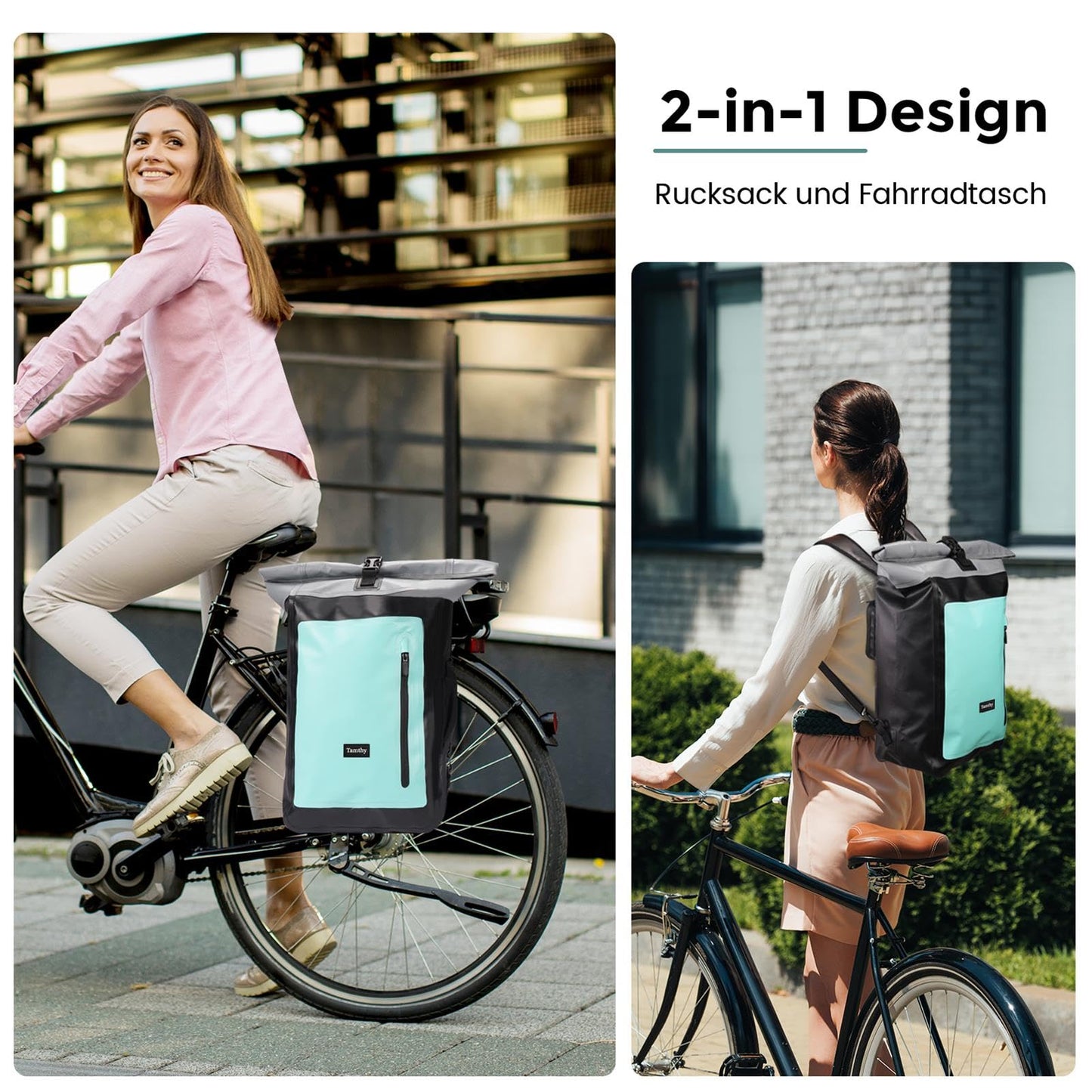 Tamthy bike bags for luggage carrier 100% waterproof with laptop compartment Multifunctional 2 in 1 bike bag backpack & luggage carrier bag rear for cycling, commuting, traveling (Mint, 28L)