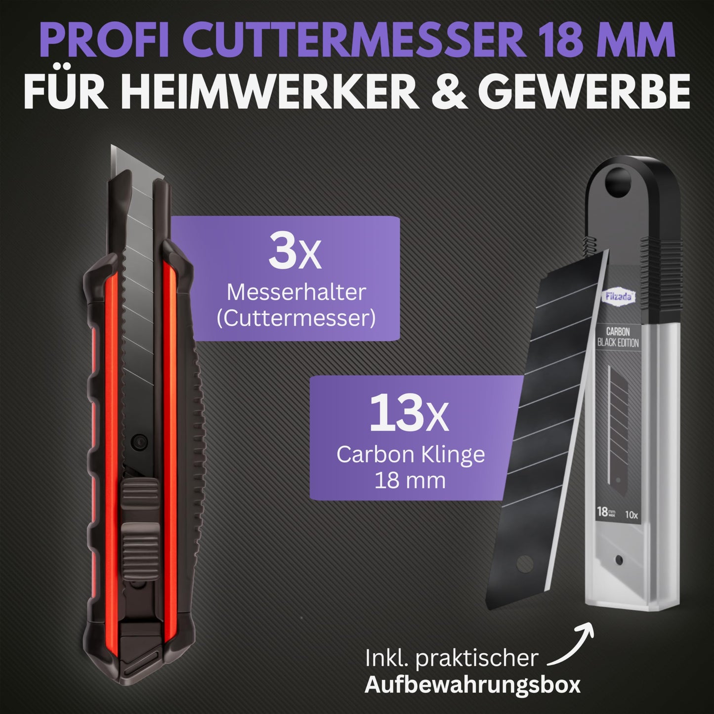 Filzada® 3x Utility Knife Professional incl. 13x Carbon Steel Blades BLACK - Utility Knife 18mm - Robust Carpet Knife Professional - Cutter Knife Set - Metal Utility Knife ULTRA SHARP