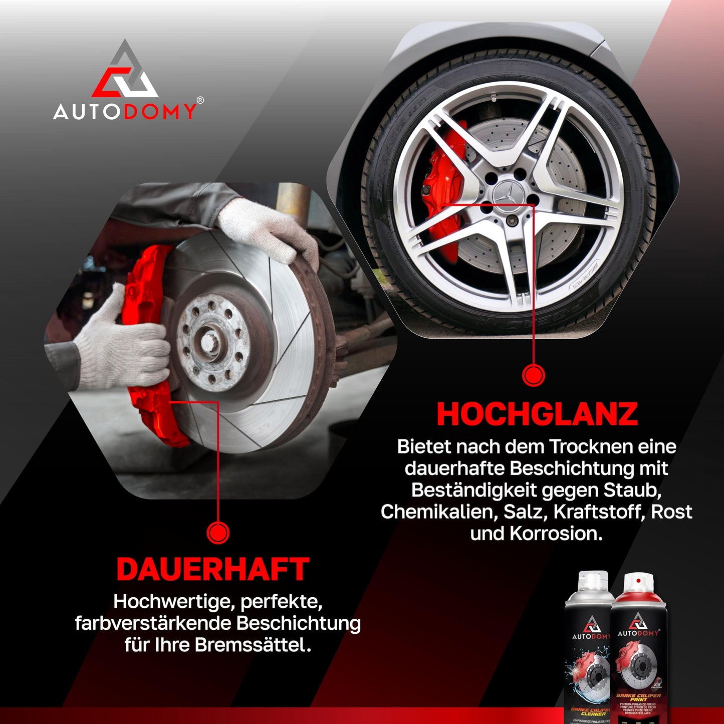 AUTODOMY Brake Caliper Paint Set Spray Coating for Caliper 400ml with High Temperature Resistance | Brake Caliper Paint Red + Brake Cleaner + Steel Brush for Caliper of Car and Motorcycle