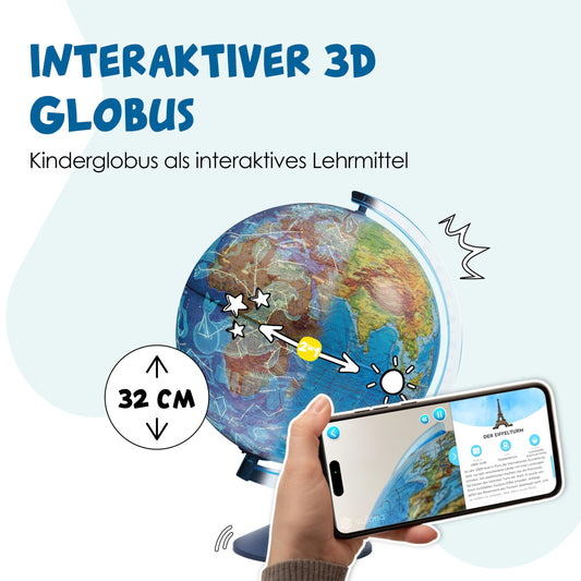 alldoro 68640 Interactive 3D Globe Ø 32 cm, children's globe with relief, German map image & zodiac signs, with app function, wireless & illuminated.