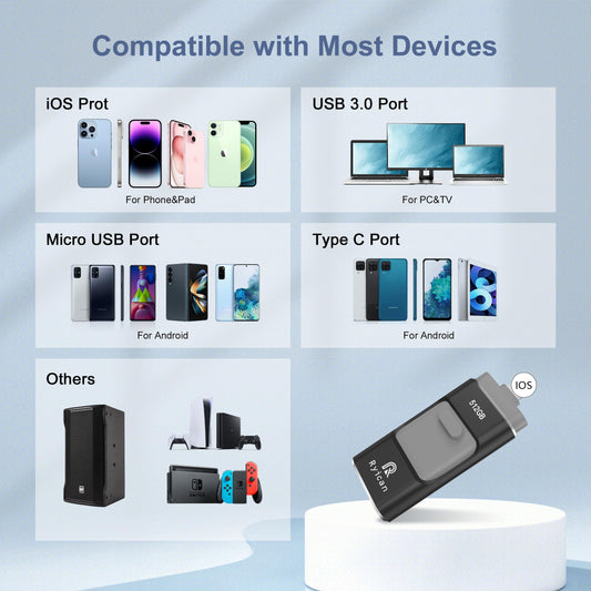 USB Stick for Phone Ryican 512GB storage stick for iOS Password-protected files 4 in 1 USB 3.0 Photostick Pendrive USB C for OTG Android/Laptop/PC/Pad, Data Transfer with one click (512G, Black)