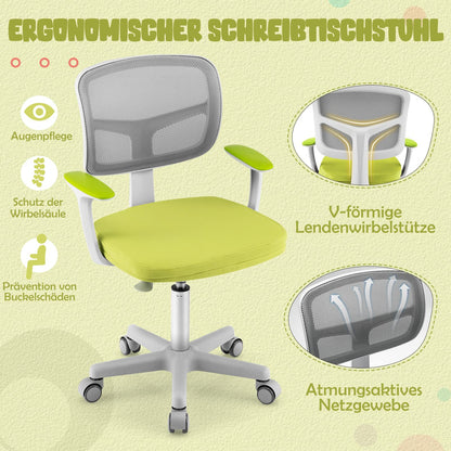 COSTWAY 360° swivel kids desk chair, 80-91.5 cm adjustable height youth chair with backrest & armrests, computer chair with 5 wheels for kids aged 3-10 years old (Green)