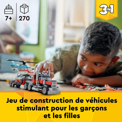LEGO City Car Transporter with Racing Car, Truck Toy with Adjustable Ramp and Racing Car & Creator 3in1 Low Loader with Helicopter, Vehicle Set with Helicopter and Truck Toys