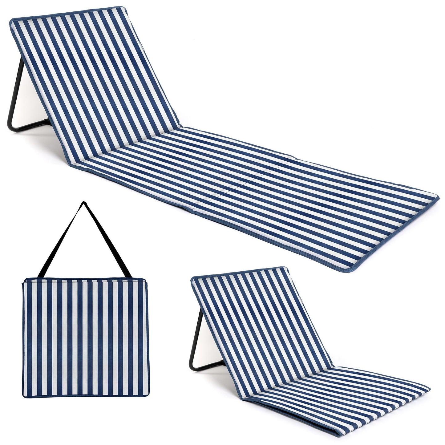 just be... Sun lounger for the beach, foldable, lightweight, portable, adjustable with backrest and pocket for valuables, for holidays, garden, camping, park, and festivals, blue stripes