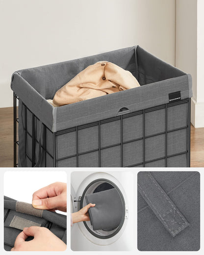 SONGMICS 90L Laundry Basket, foldable laundry hamper, detachable and washable laundry bag, metal wire frame, for bedroom, bathroom, laundry room, black-grey LCB190G01