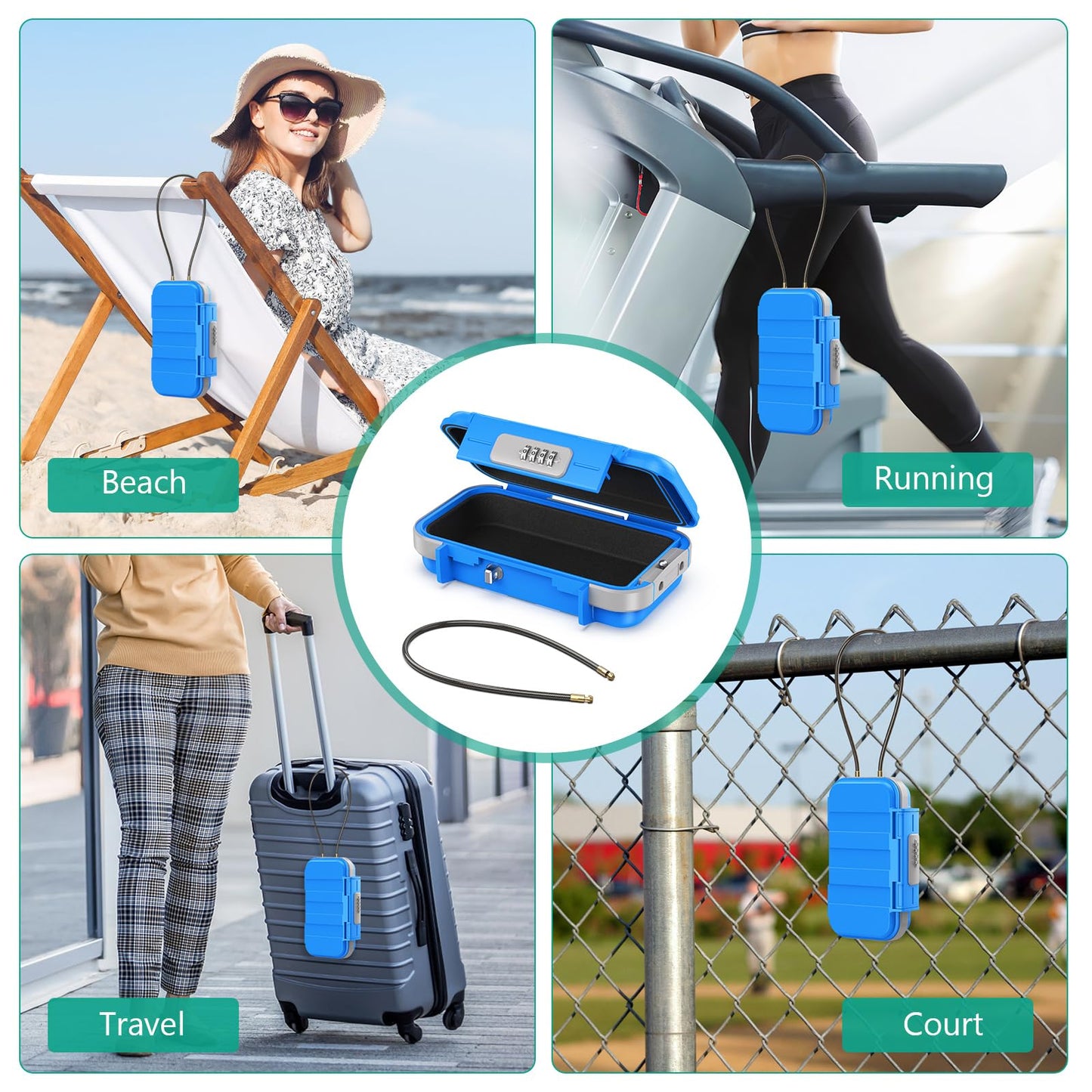 ORIA Portable Safe with Combination Lock, Key Safe Security Box Outdoor Safety Vault, with Removable Wire Rope, Waterproof Key Safe with Combination, for Travel, Beach, Camping - Blue