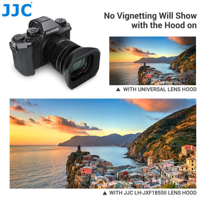 JJC metal lens hood for FUJI XF14mm F2.8 R and XF18-55mm F2.8-4 R LM OIS lenses with slide design hood cap - replaces FUJI 14/18-55 model.