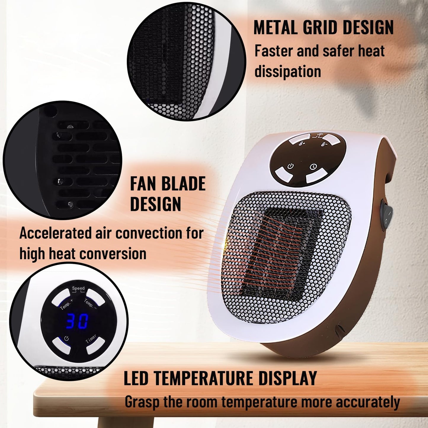Ceramic heater Hillylolly 500w, plug-in heater, mini heater, wall-mounted electric heater, energy-saving and quiet heater for bathroom, room (White)