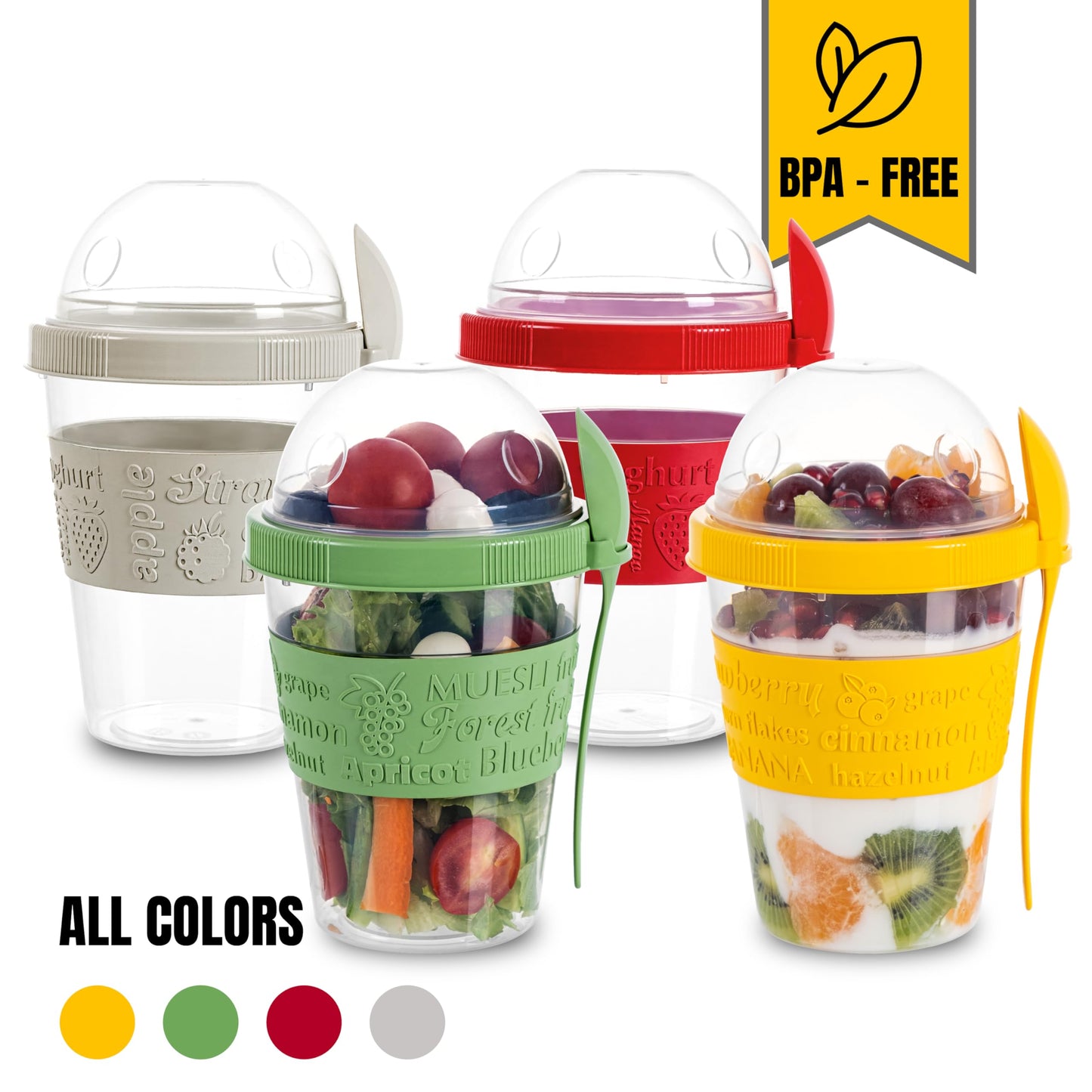 spar-home® 4-piece set yogurt cups To Go 600ml - muesli cup To Go with spoon Muesli To Go cup with lid for yogurt muesli eating on the go office school (4-piece set)