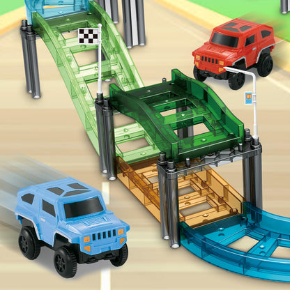 JONRRYIN 131 Piece Magnetic Building Blocks Car Race Track, Magnetic Building Blocks Set 3D Racing Car Track Magnetic Building Blocks Kids with 2 Toy Cars, Educational Toy for Children 3 Years and Up