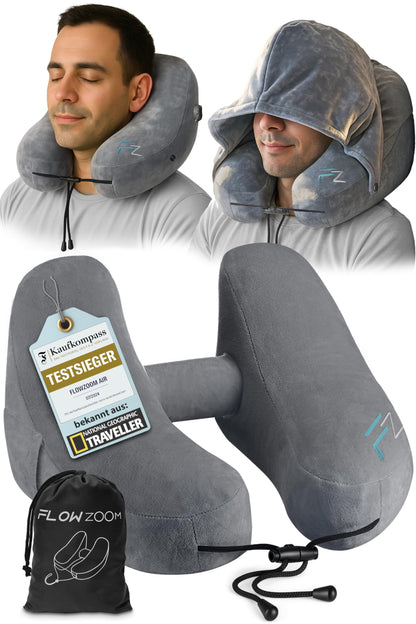 FLOWZOOM Inflatable Airplane Travel Pillow with H-Design, 5 Sleep Positions, and Hood in Grey.