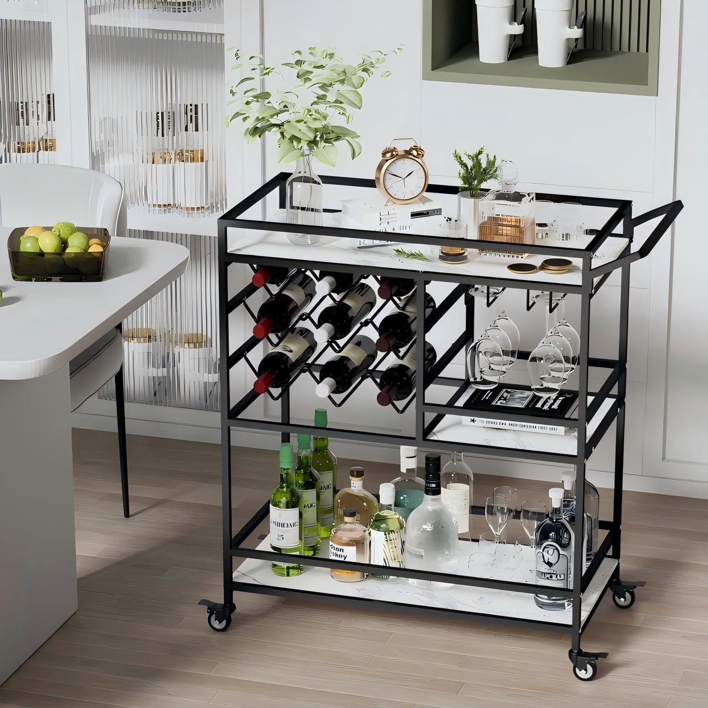 DAWNYIELD 3-tier mobile wine cart, bar serving cart on wheels with wine and glass shelves, modern rolling wine storage cart for kitchen home parties (Black)