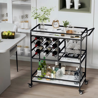 DAWNYIELD 3-tier mobile wine cart, bar serving cart on wheels with wine and glass shelves, modern rolling wine storage cart for kitchen home parties (Black)