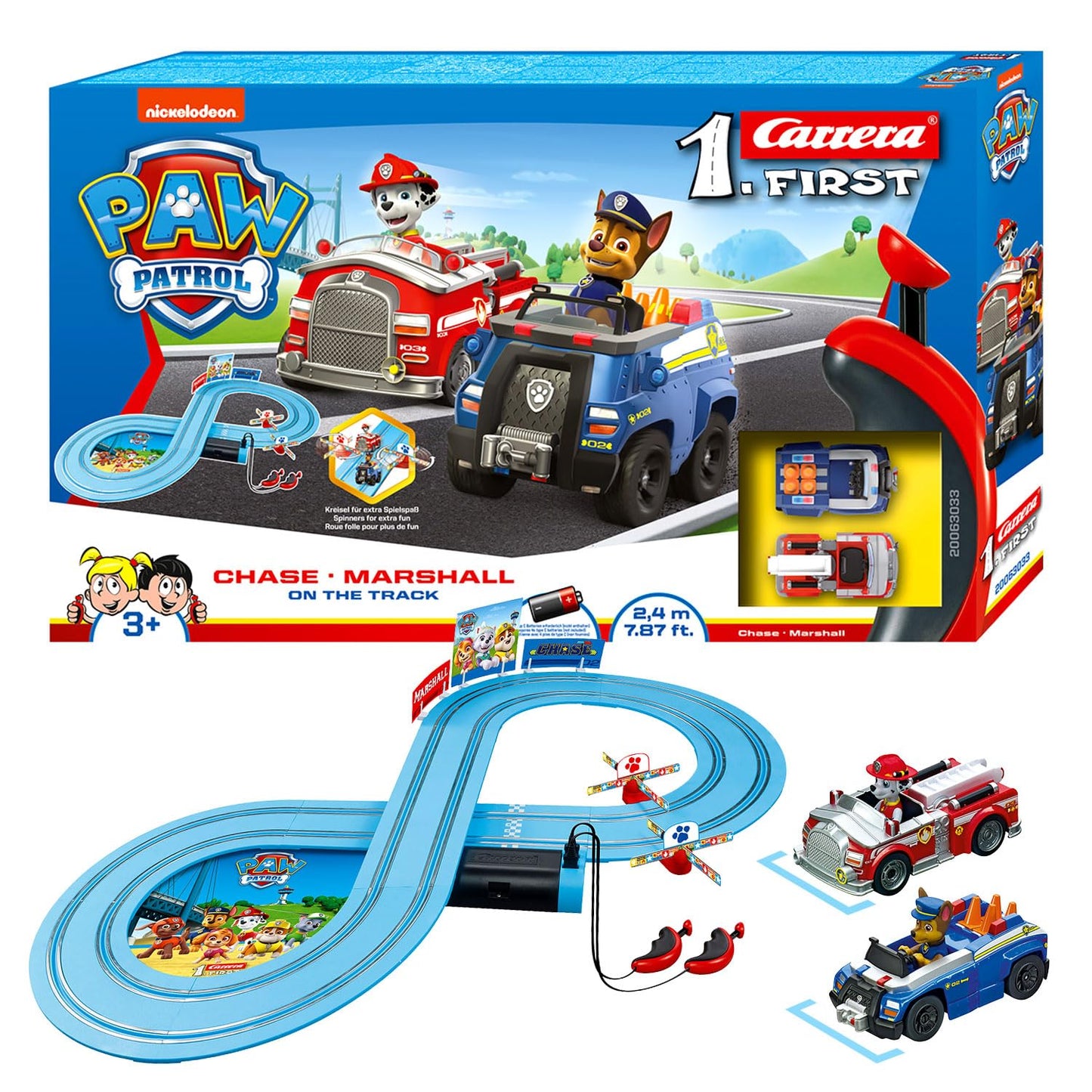 Carrera 369-3033 FIRST PAW PATROL On the Track 2.4m Race Track Set | 2 remote-controlled vehicles featuring Chase and Marshall | includes hand controller & track pieces | toy for kids 3+ years old
