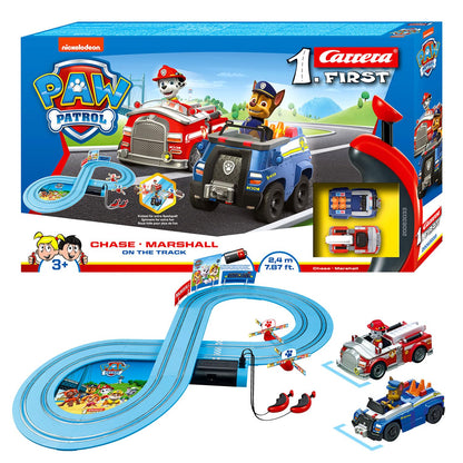 Carrera 369-3033 FIRST PAW PATROL On the Track 2.4m Race Track Set | 2 remote-controlled vehicles featuring Chase and Marshall | includes hand controller & track pieces | toy for kids 3+ years old