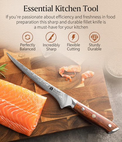 XINZUO 18cm Damascus Steel Fillet Knife, 67 Layers Damascus Fish Knife Professional Chef Knife, Damascus Fish Fillet Boning Knife for Kitchen -Ergonomic Rosewood Handle -with Gift Box
