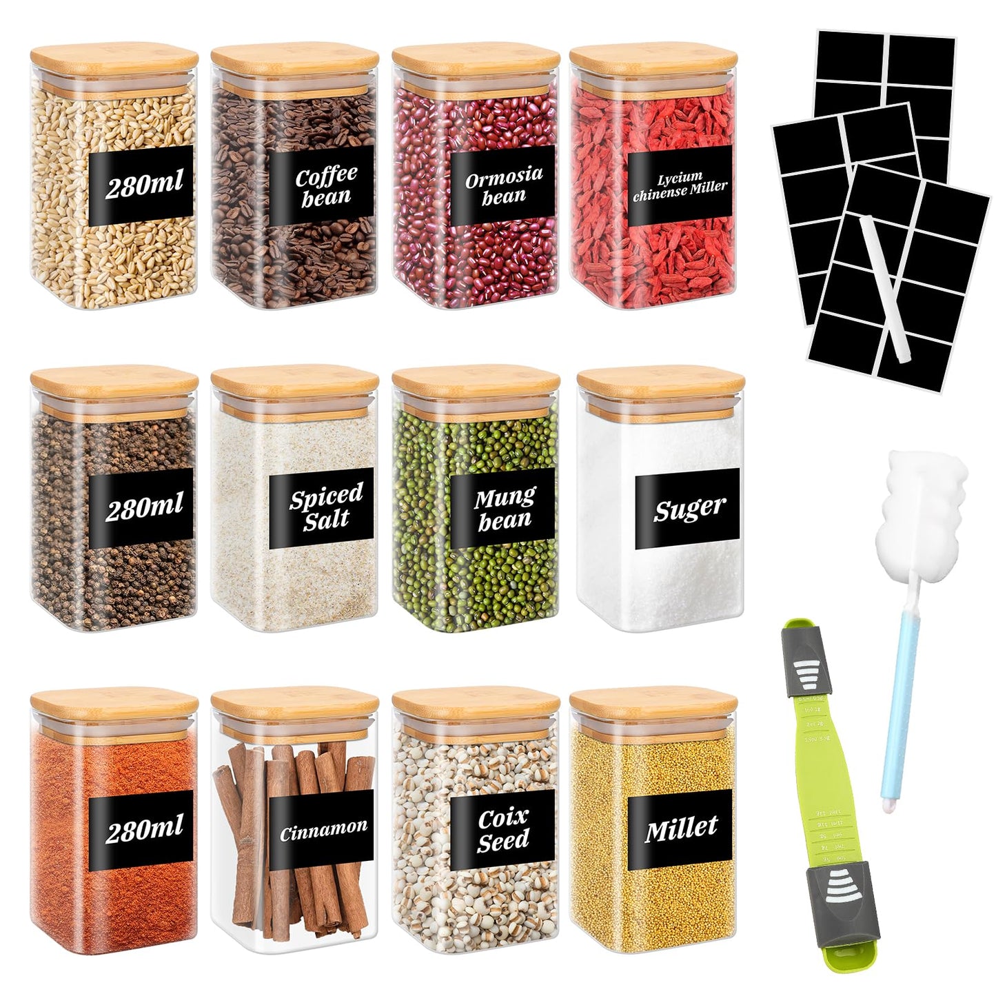 YUTUY Glass Storage Jars 12-Piece Set,Square Glass Jars with Lid,Glass Containers with Wooden Lid for spices, herbs, muesli, beans.