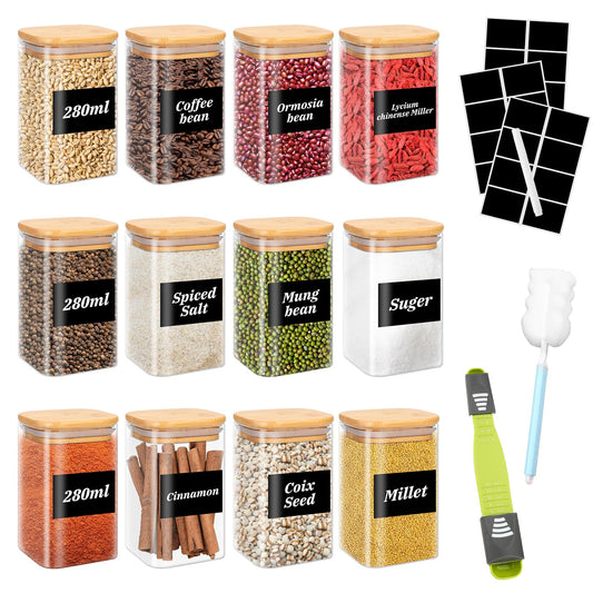 YUTUY Glass Storage Jars 12-Piece Set,Square Glass Jars with Lid,Glass Containers with Wooden Lid for spices, herbs, muesli, beans.