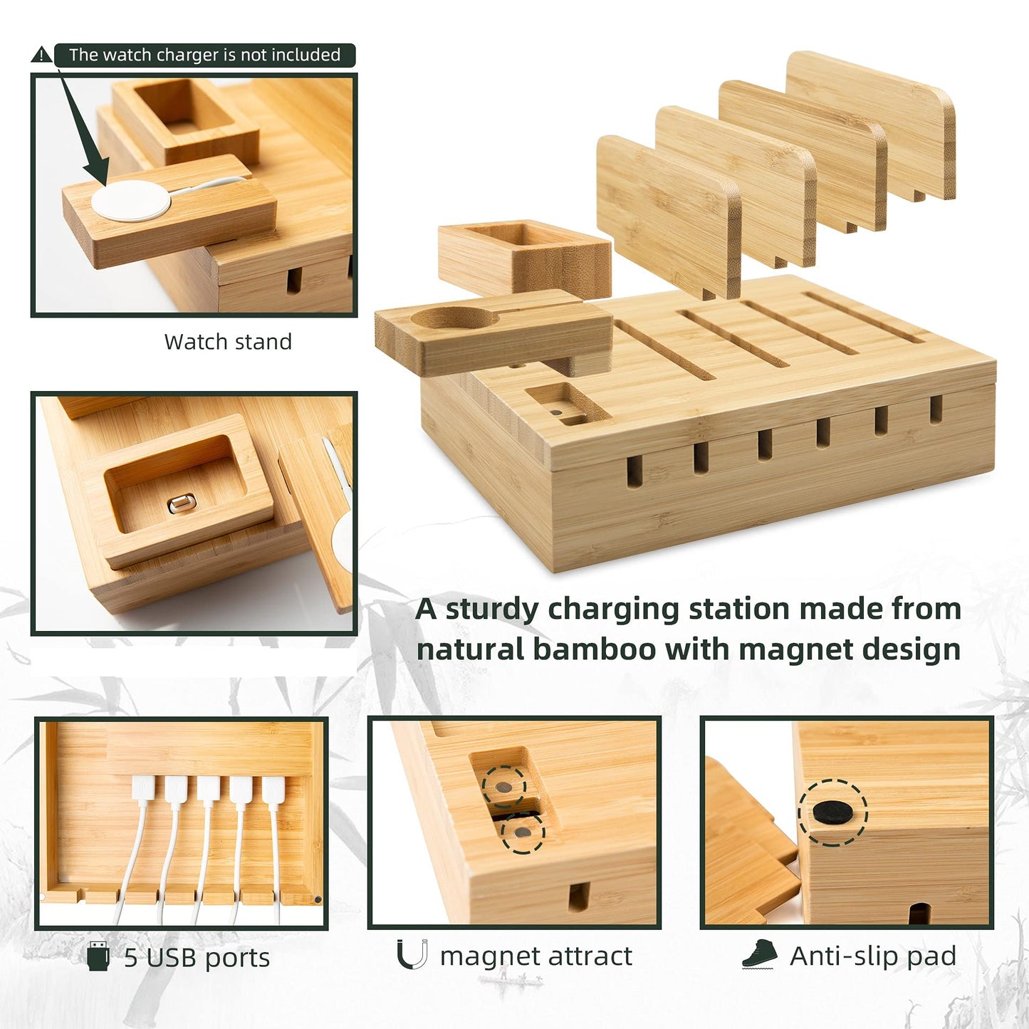 YOJA Bamboo Multi-Device Charging Station, YOJA 5-Port USB Multi-Charging Station, Wood for Phone, Tablet, Watch, Headphones, Earphones, USB Charger with 5 Short Cables, Bamboo Design.
