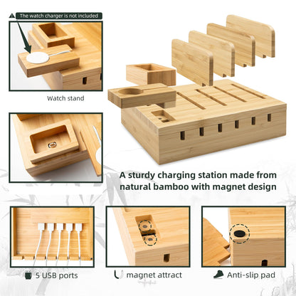 YOJA Bamboo Multi-Device Charging Station, YOJA 5-Port USB Multi-Charging Station, Wood for Phone, Tablet, Watch, Headphones, Earphones, USB Charger with 5 Short Cables, Bamboo Design.