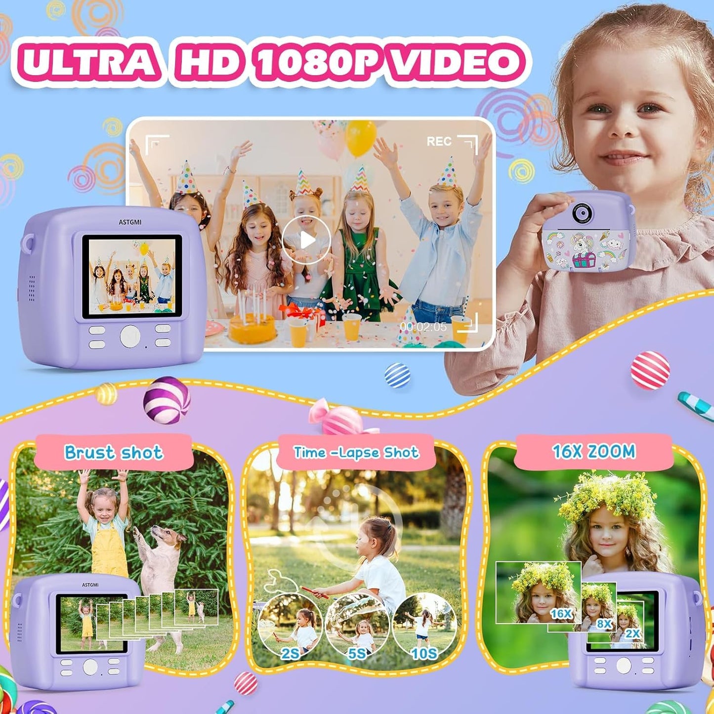 Instant Camera for Kids, Kids Camera Compact Cameras 1080P HD Instant Printing of Photos, Birthday Gift Christmas Gift Toy for 3 4 5 6 7 8 9 10 11 Year Old Girls Boys 3 Rolls of Photo Paper
