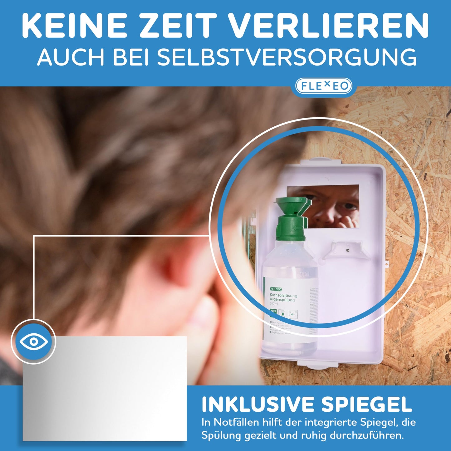 FLEXEO Eye wash station incl. (1x 500 ml NaCl saline solution + 1x 250 ml phosphate buffer solution) with wall mount – eye flushing – eye shower – sterile NaCl eye wash solution – pH-neutral