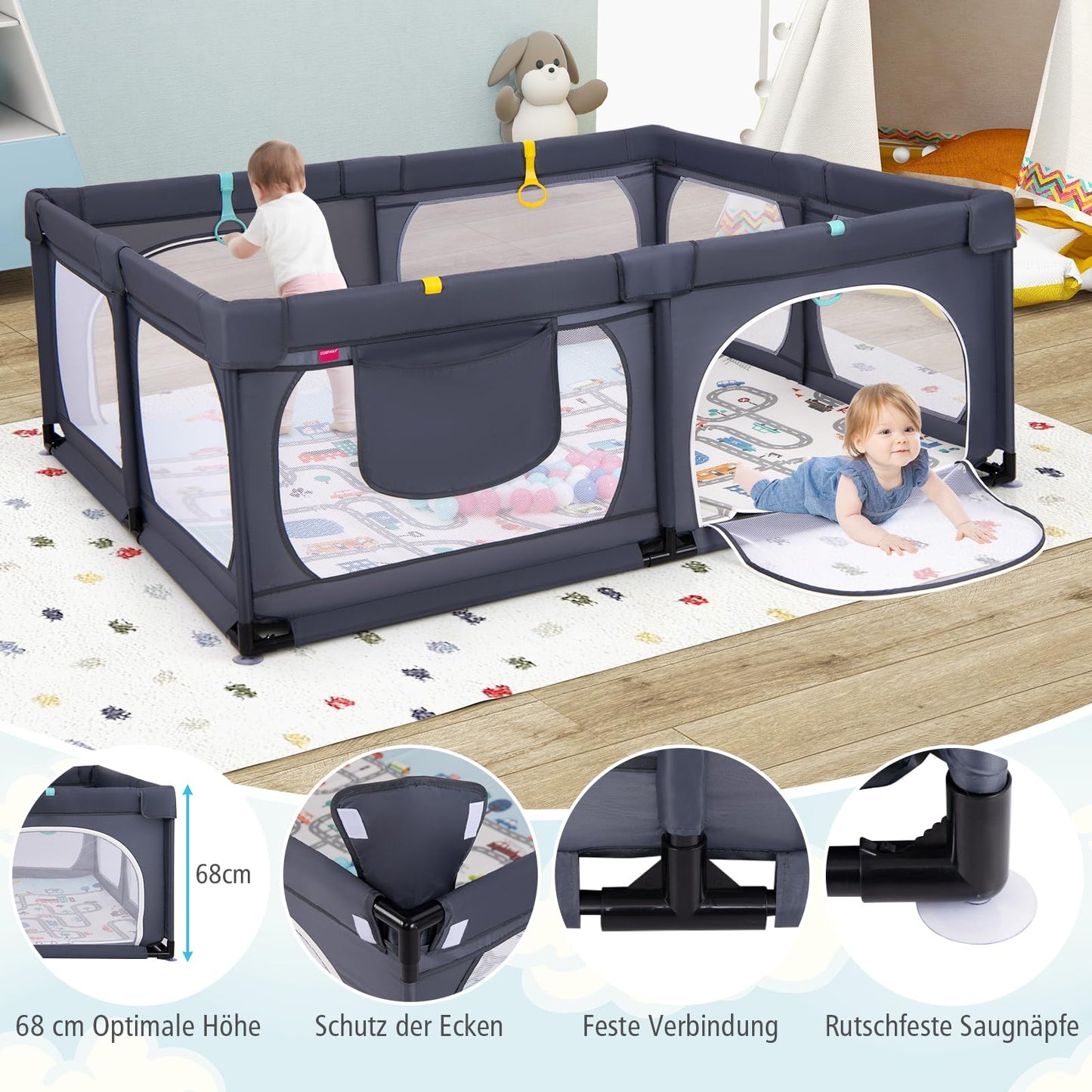 DREAMADE Playpen Baby, 189 x 158 cm Play Yard with Mattress & 4 Pull Rings & 50 Ocean Balls & Carrier Bag, Large Safety Gate for Babies & Toddlers 0-3 Years (with Mattress, Dark Grey)
