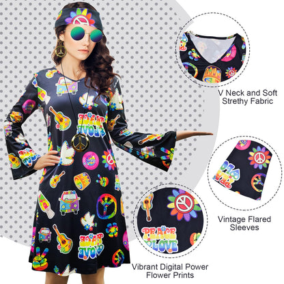 MRYUWB Women's Hippie Dress, 1970s Costume, with necklace, earrings, sunglasses, disco outfit, 1960s party costume, Halloween retro dress (Black, L)