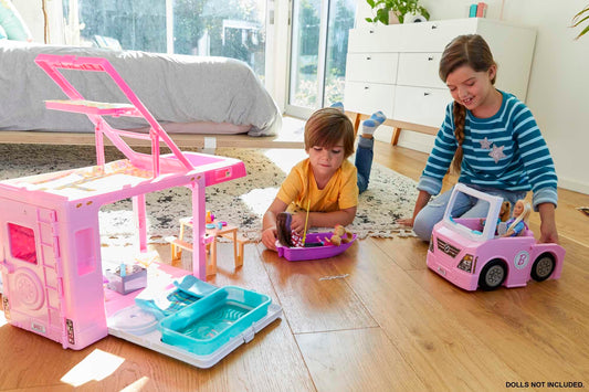 Barbie 3-in-1 Super Adventure Camper with accessories, pool, convertible truck, boat, 60 camping accessories, doll, suitable as a gift for children 3 years and older, GHL93.