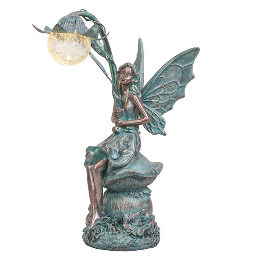 TERESA'S COLLECTIONS Outdoor garden decor, garden statues for outside, 35cm sitting fairies with solar glass ball lighting made of polystone, bronze fairy statue solar fairy.