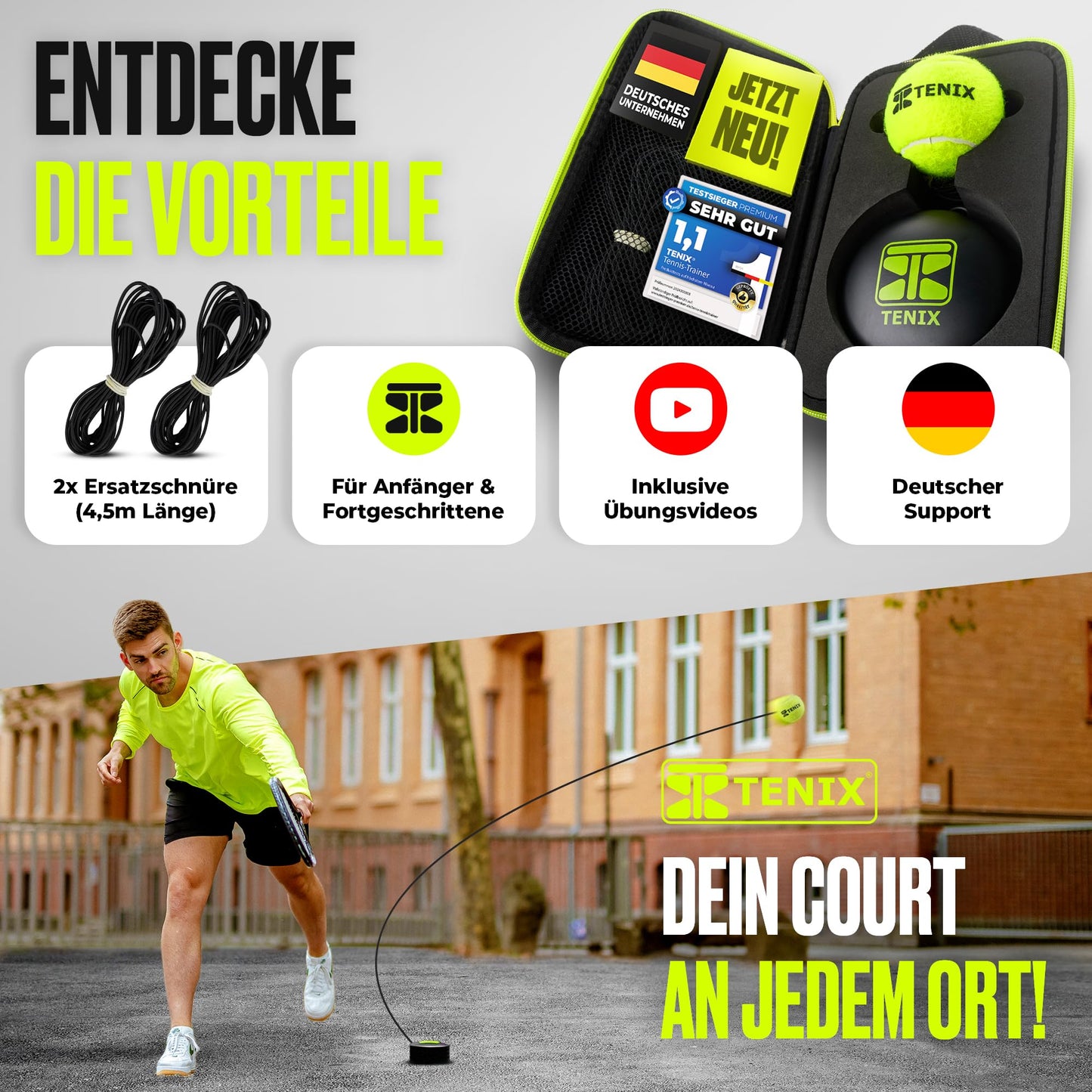 TENIX® Tennis Trainer Set [with Power-Grip System] Tennis training device for kids & adults | Play tennis alone in the yard, park, or tennis court | Get your self-trainer now!
