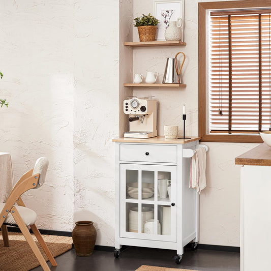 SoBuy FKW98-WN Kitchen Trolley with 1 Door and Drawer Serving Cart with Rubberwood Worktop Side Trolley Trolley White WDH approx. 62x87.5x45.5cm