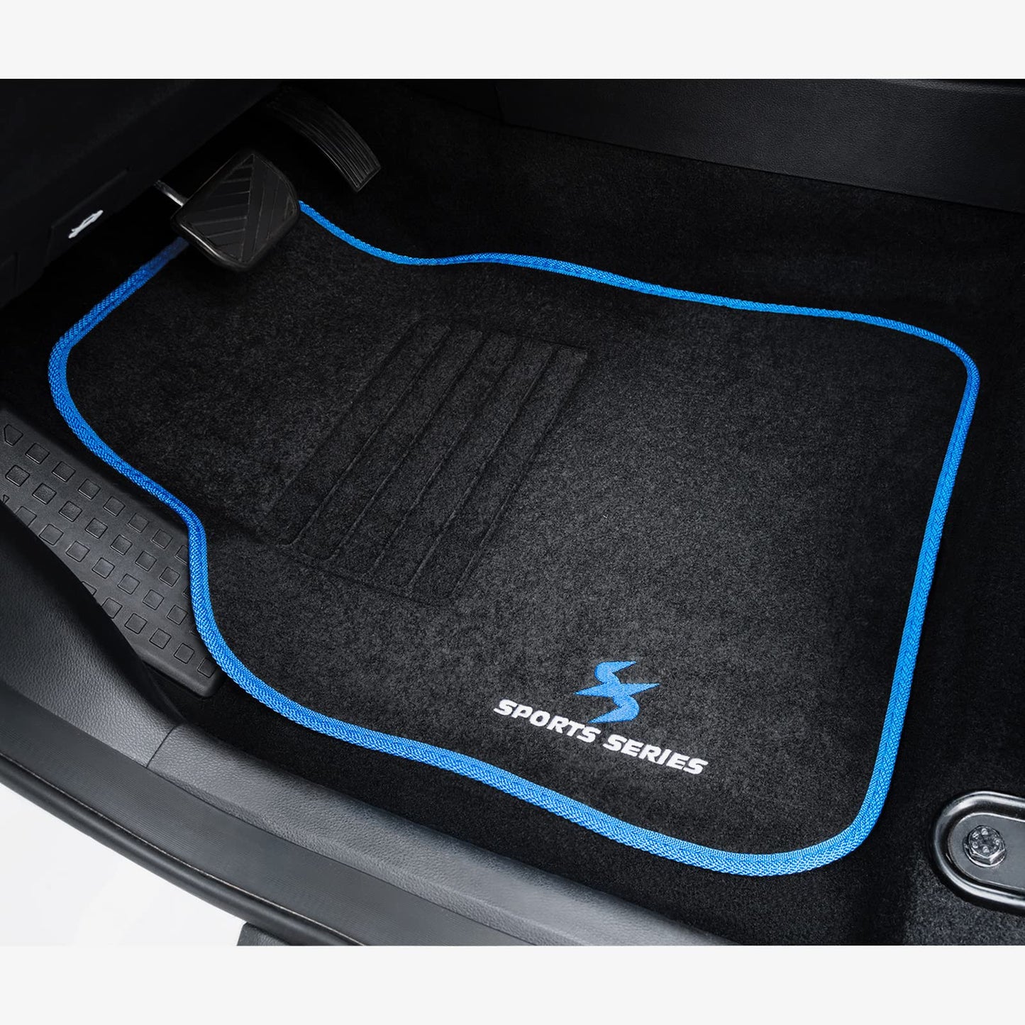 WOLTU car floor mat set with 4 mats, universal all-weather mats with embroidery. Car carpet against water, non-slip heel protectors made of carpet material. Black Blue.