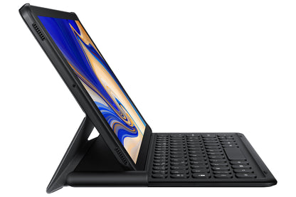 Samsung tablet case with integrated QWERTZ keyboard and pen holder for Galaxy Tab S4 in black.