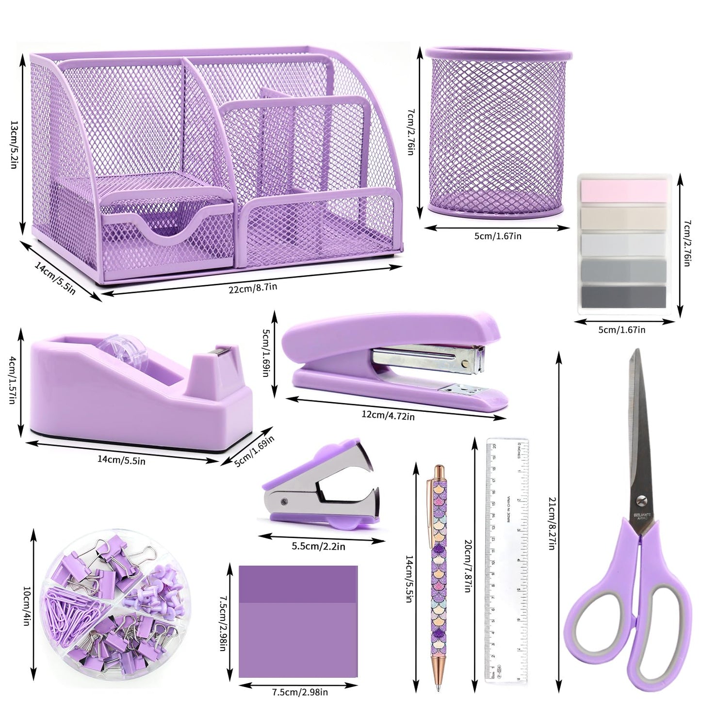 12-in-1 Purple Office Supplies, purple desk organizer and accessory set, purple office supplies purple stapler pen holder tape dispenser, staples, staple remover for school, gifts for colleagues, wife