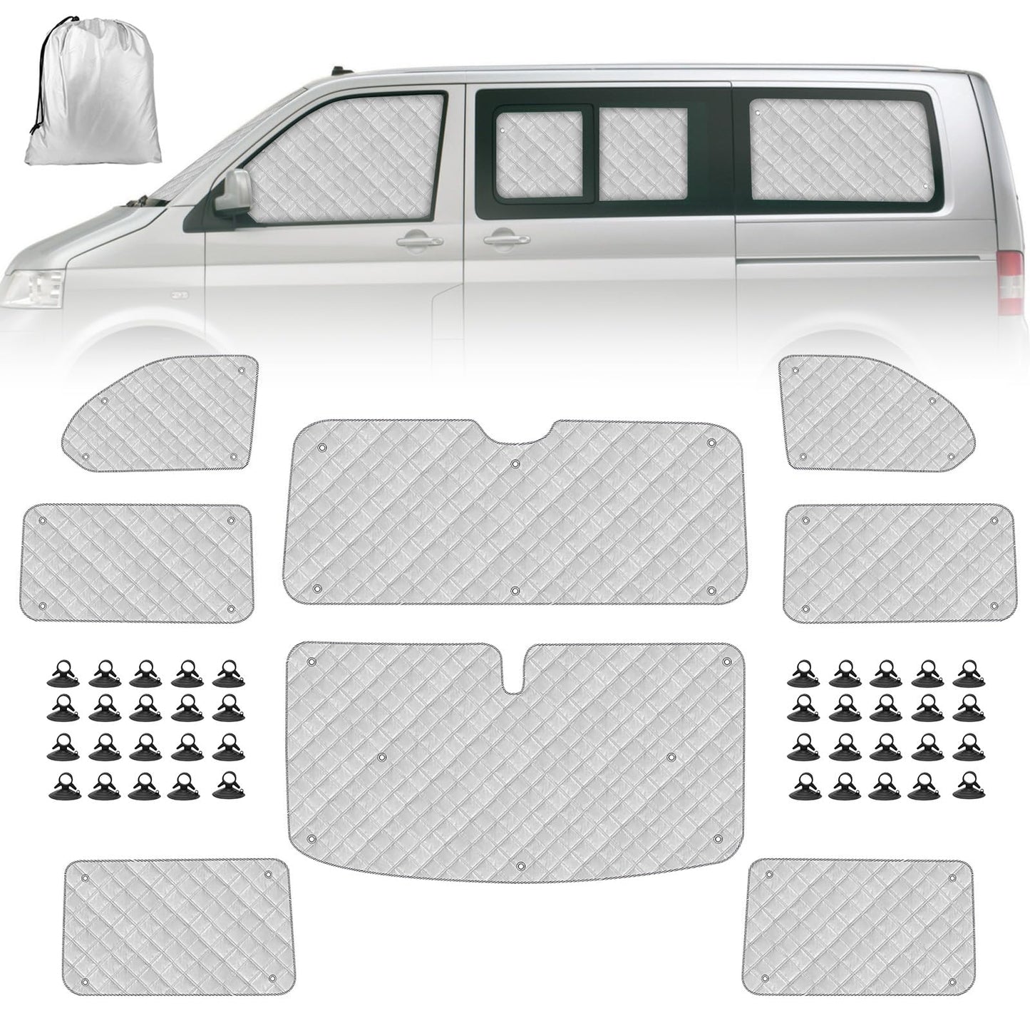 Sunshade Car Front Windshield Replacement for VW T5 T6 LWB, 8PCS Sunshade Windshield Protection Set, Internal Thermal Blind Window Set with Storage Bag, 100% Occlusion (8PCS-LWB)