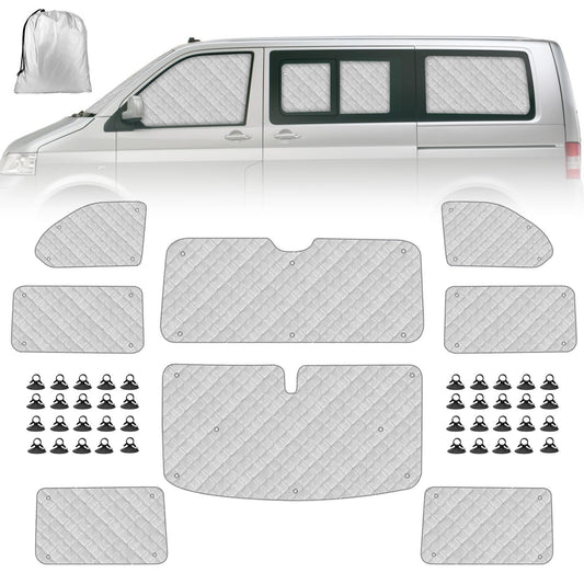 Sunshade Car Front Windshield Replacement for VW T5 T6 LWB, 8PCS Sunshade Windshield Protection Set, Internal Thermal Blind Window Set with Storage Bag, 100% Occlusion (8PCS-LWB)