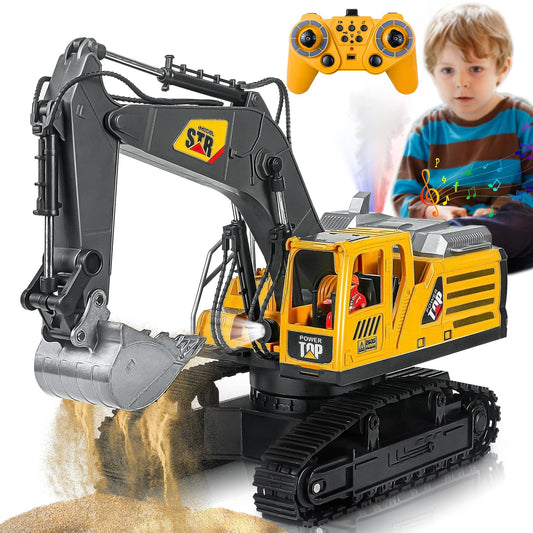 FUYLEY Remote Control Toy for Boys, Metal Shovel for 14K RC Excavator, 2.4 GHz with Sound Spray, Construction Toy RC 680° Rotation for Boys Gift