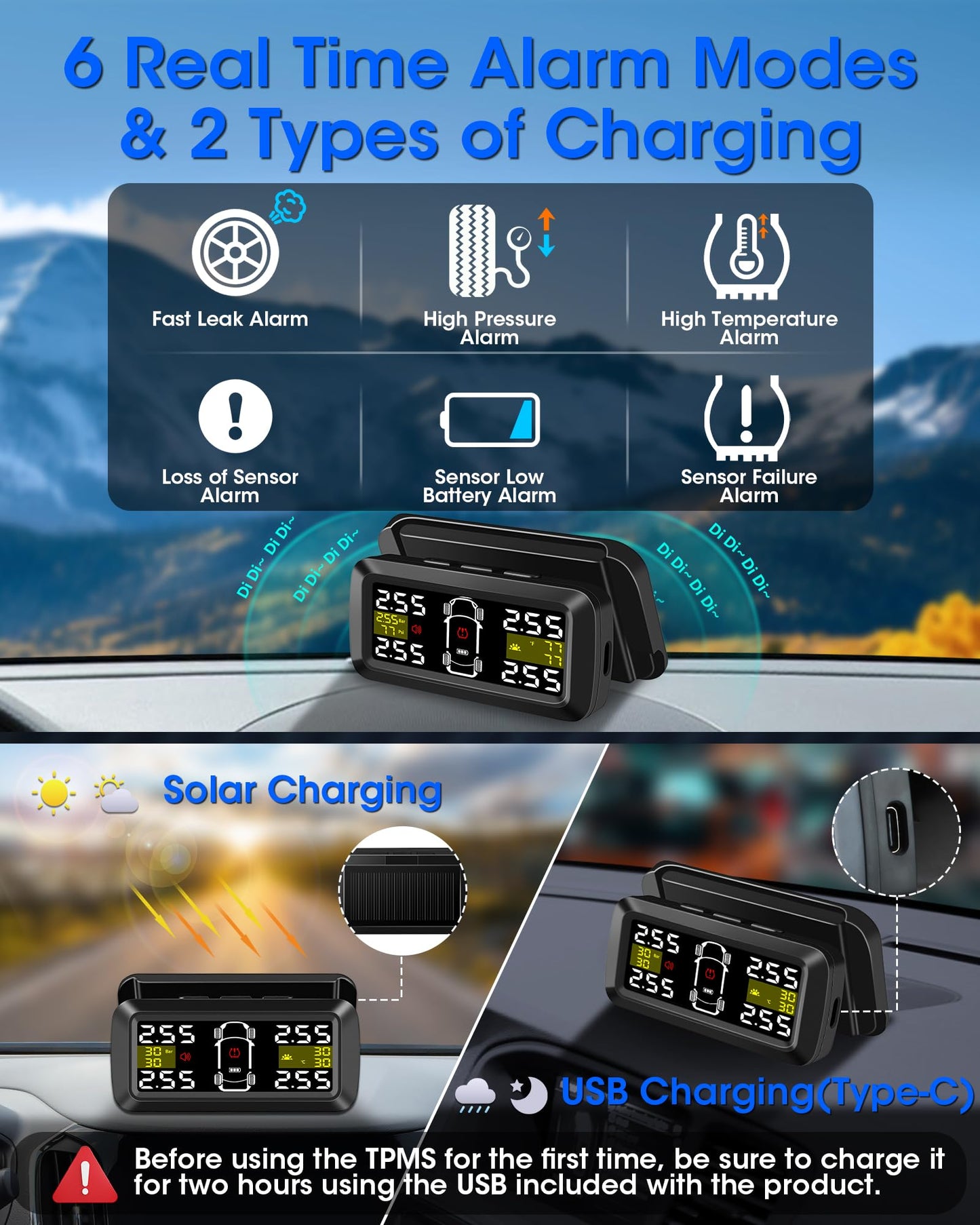 TPMS Tire Pressure Monitoring System with 2/4-wheel modes. High Precision Solar Charging TPMS with 3.5 inch Detachable Bracket and 4 External Tire Pressure Sensors for Car Van SUV 5-87 Psi.