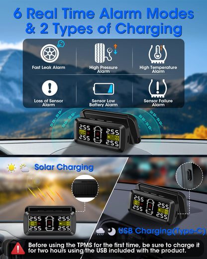 TPMS Tire Pressure Monitoring System with 2/4-wheel modes. High Precision Solar Charging TPMS with 3.5 inch Detachable Bracket and 4 External Tire Pressure Sensors for Car Van SUV 5-87 Psi.