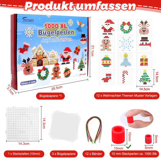Homgaty Large 10mm Fuse Beads Christmas Set, 1000 Pieces XL Peg Beads with Boards, 12 Patterns and Ironing Paper, 9 Vibrant Colors XL Fuse Beads, Creative Bead Set for Kids 3+