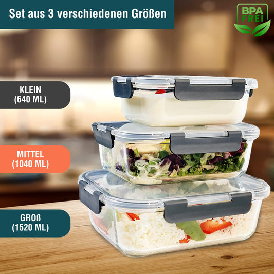 GLASS CONTAINER Food storage container (640, 1040, 1520 ml, with no compartments) Glass jar with food lid - airtight glass food storage container, heat-resistant glass
