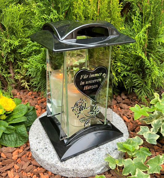 Grave lamp Lantern Grave light with design and saying - Forever in our hearts - Grave candle 27 cm H. Grave decoration New model without base, hard plastic - ACRYL - glass, black.