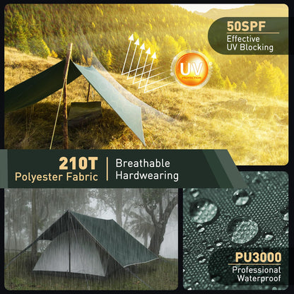 VOSOIR Tarp 3x4M Waterproof, Ultralight Camping Tent Tarp, with 15 Eyelets+6 Aluminum Pegs+8 Nylon Ropes, Anti-UV Snow Rain Protection, Lightweight Compact for Hammock Camping Picnic Hiking (Dark Green)