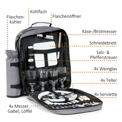 Campfire picnic backpack for 4 people | Gray | 31-piece picnic set | includes bottle holder, large cooler compartment, dishes, and cutlery
